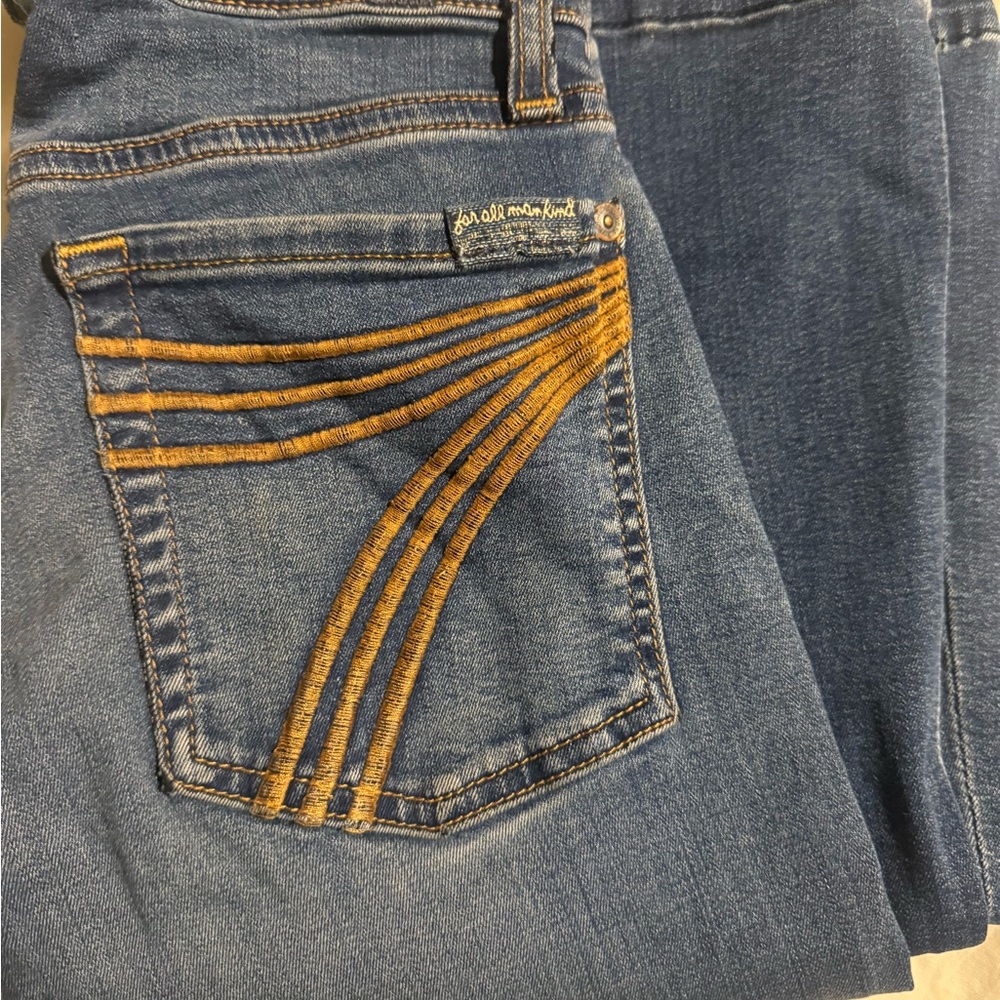 7 For All Mankind Women’s Dark Indigo Dojo Trouser Jeans with Gold Embroidery.